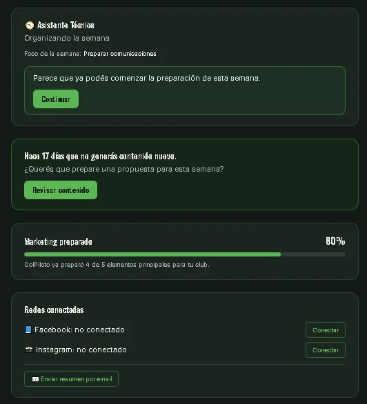 Asistente Técnico de GolPiloto organizando la semana