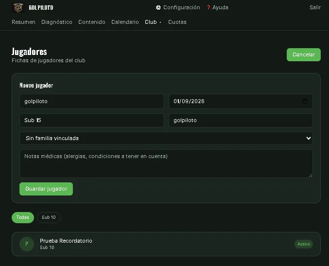 Fichas de jugadores en GolPiloto