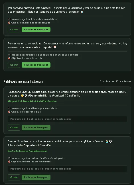 Publicaciones para Facebook e Instagram generadas por GolPiloto, listas para copiar y publicar